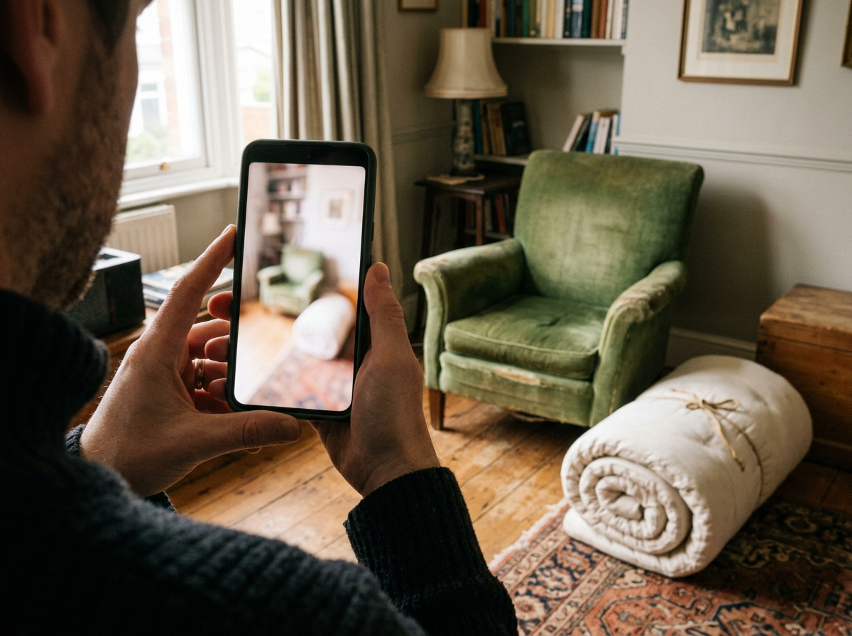 Image générée d’une main tenant un téléphone en train de photographier un fauteuil et un matelas roulé