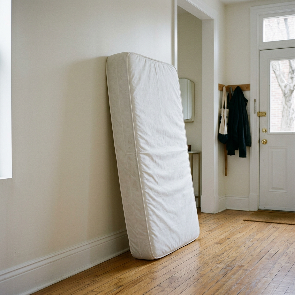 Image générée d’un matelas adossé à un mur dans un couloir