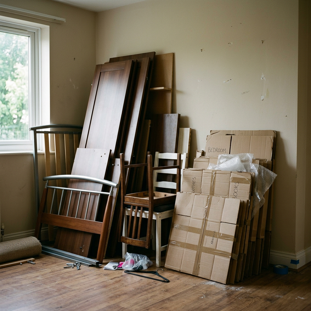 Image générée d’une armoire démontée, d’un cadre de lit et de cartons empilés
